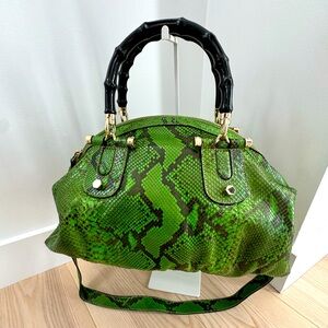 Green/Black Gucci Snakeskin Purse with Black Bamboo Handles and Should Strap